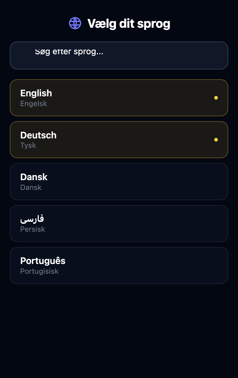 The language picker on the listening page with search box and language cards